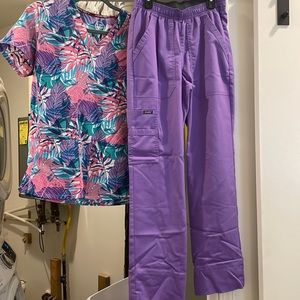 Purple scrub set. Top small. Pants XS tall hemmed pant inseam length of 28 inch
